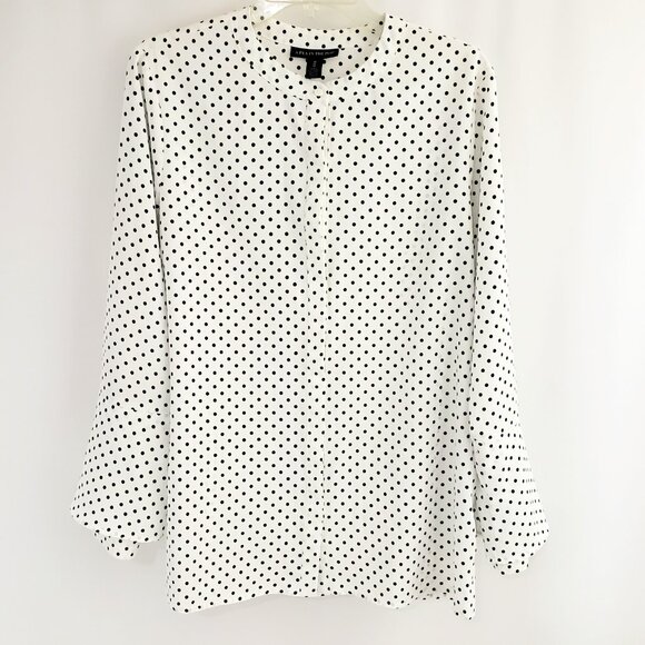 A Pea In The Pod Button-Front Long Sleeve Blouse MEDIUM White Black Polka Dot - Picture 3 of 9